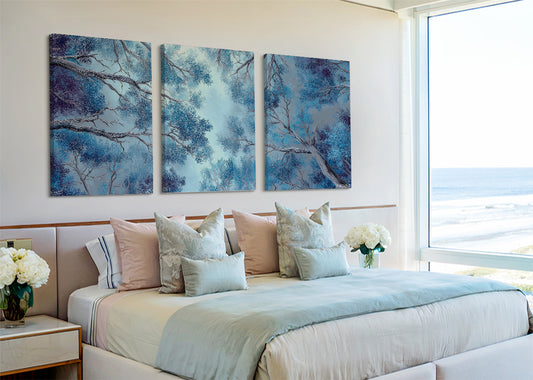 Blue Forest Canopy Canvas Wall Art – Abstract Tree Sky Landscape – Single & 3 Panel Canvas – AI PRINT LAB