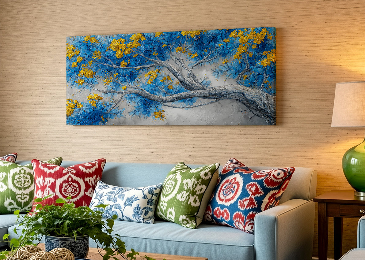 Blue & Gold Blossom Tree Canvas Wall Art – Elegant Floral Tree Painting – Single & 3 Panel Canvas – AI PRINT LAB