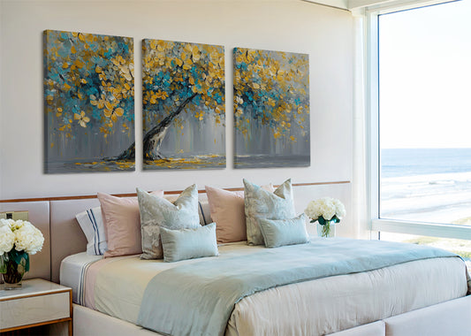Blue & Gold Blossom Tree Canvas Wall Art – Textured Floral Tree Painting – Single & 3 Panel Canvas – AI PRINT LAB