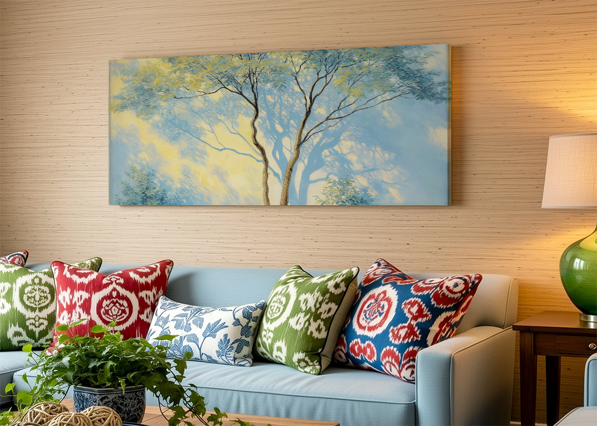 Blue Mist Forest Canvas Wall Art – Soft Nature Landscape Painting – Single & 3 Panel Canvas – AI PRINT LAB