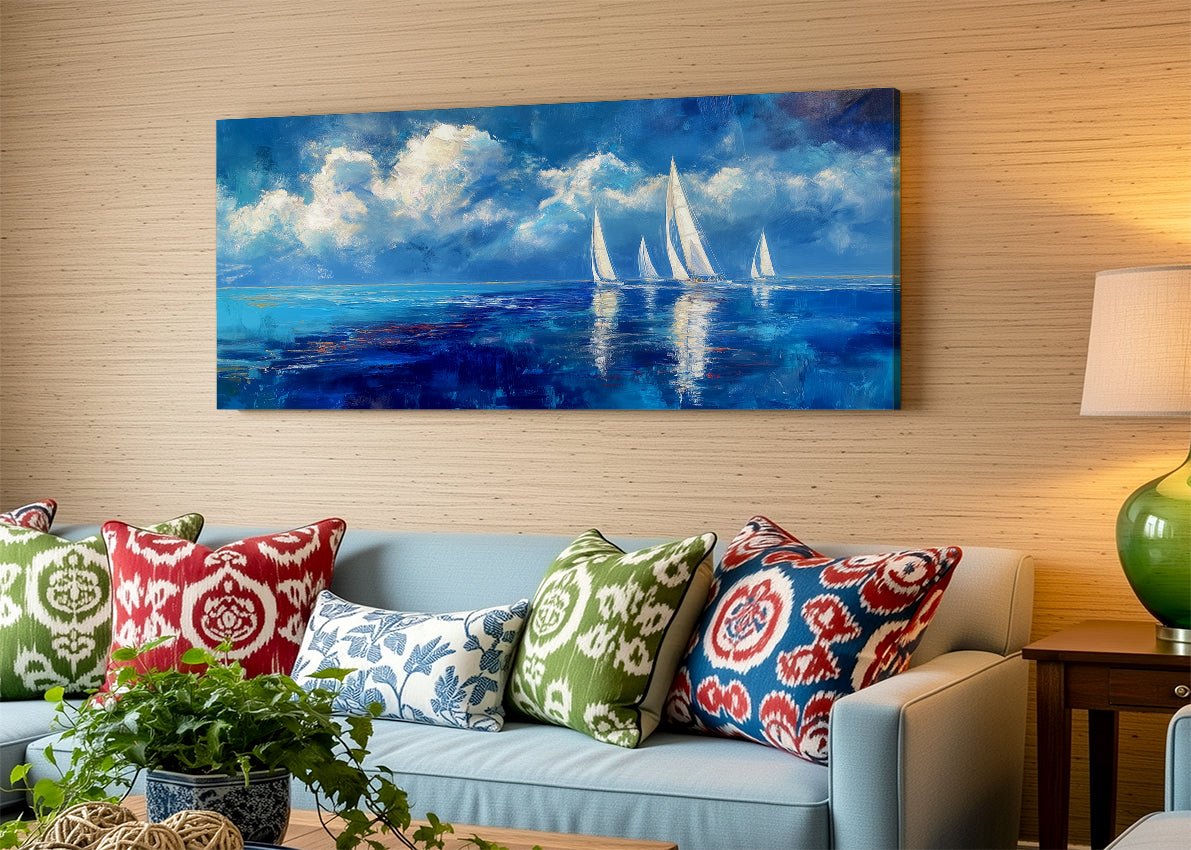 Blue Sailboats Ocean Abstract Canvas Wall Art – Single & 3 Panel Split – AI PRINT LAB