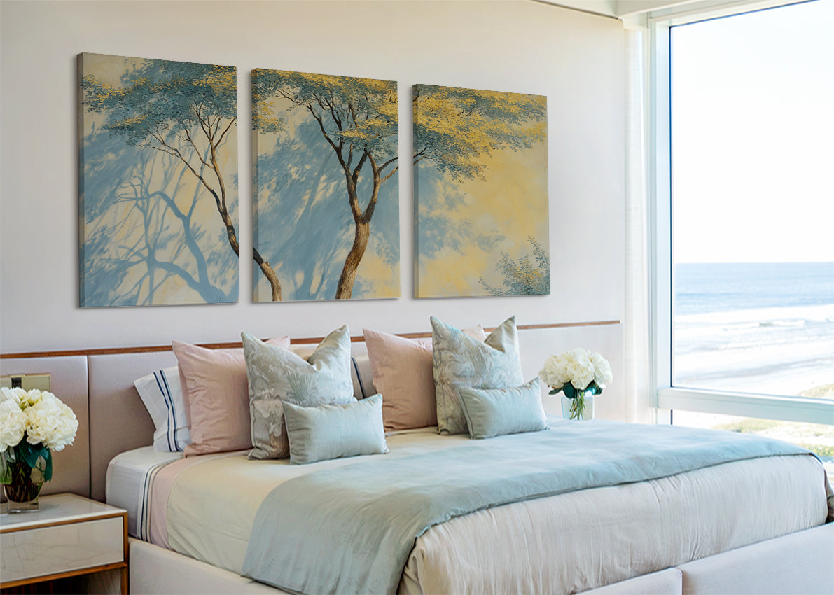 Blue Shadow Trees Canvas Wall Art – Minimal Nature Landscape Painting – Single & 3 Panel Canvas – AI PRINT LAB