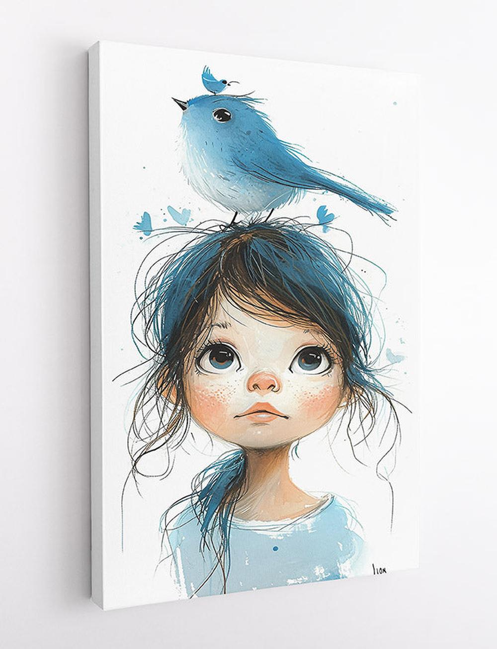 Bluebird Girl Whimsical Illustration Canvas Print & Poster – T611 – AiPrintLab