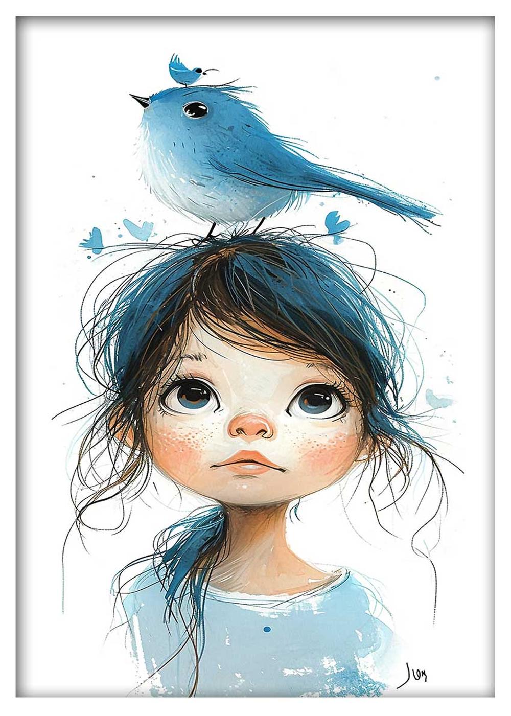 Bluebird Girl Whimsical Illustration Canvas Print & Poster – T611 – AiPrintLab