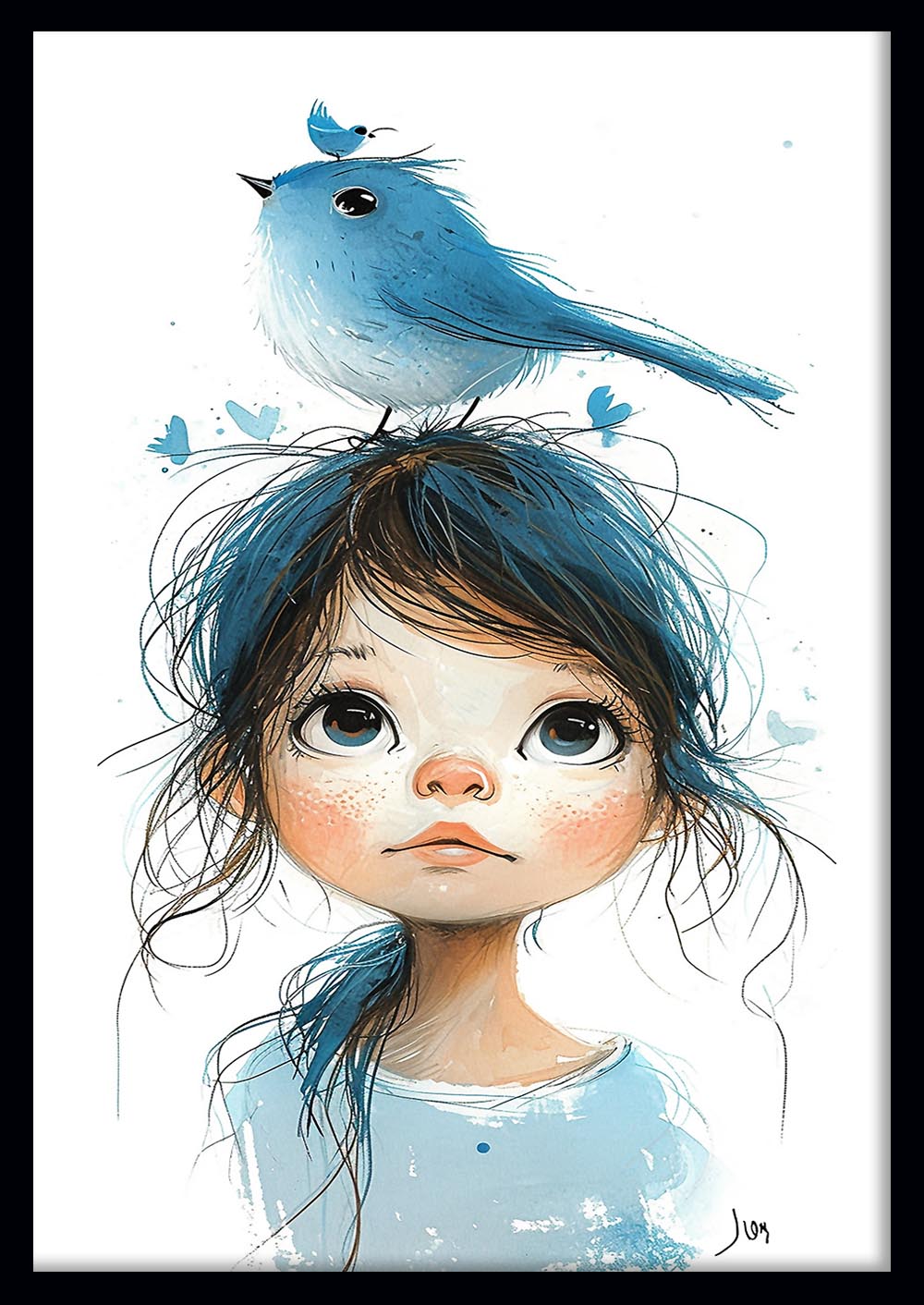 Bluebird Girl Whimsical Illustration Canvas Print & Poster – T611 – AiPrintLab