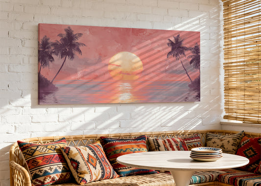 Blush Horizon Palm Sunset Canvas Wall Art – Single & 3 Panel Split – AI PRINT LAB