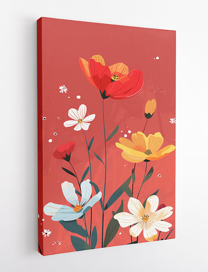 Bold Red Floral Illustration Print – Colorful Modern Flower Canvas & Poster Art – T1190 – AiPrintLab