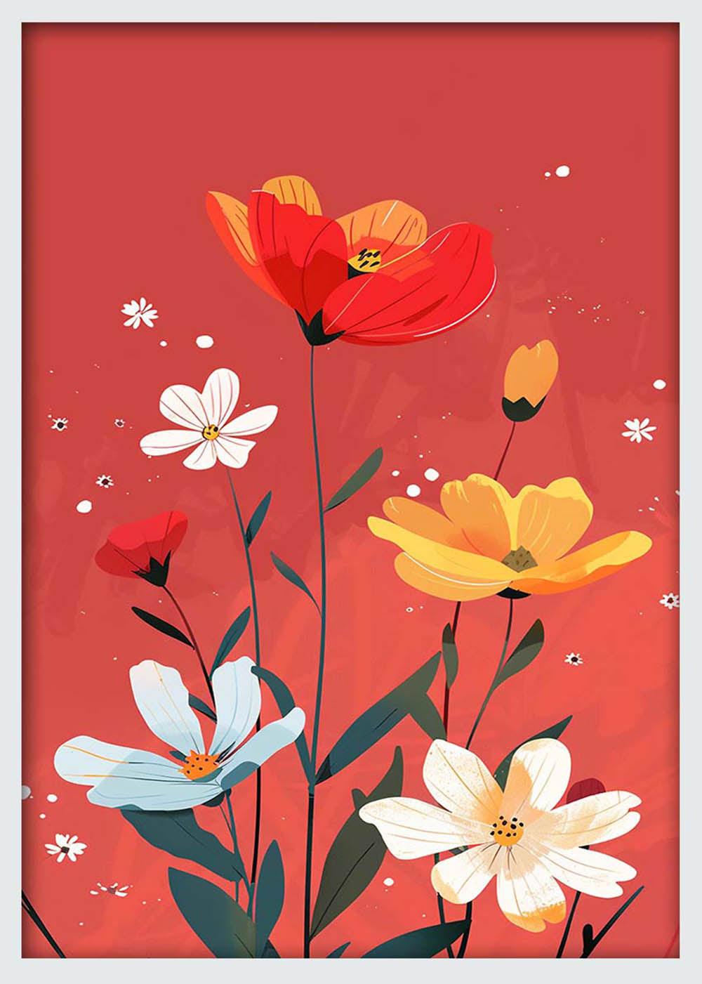Bold Red Floral Illustration Print – Colorful Modern Flower Canvas & Poster Art – T1190 – AiPrintLab