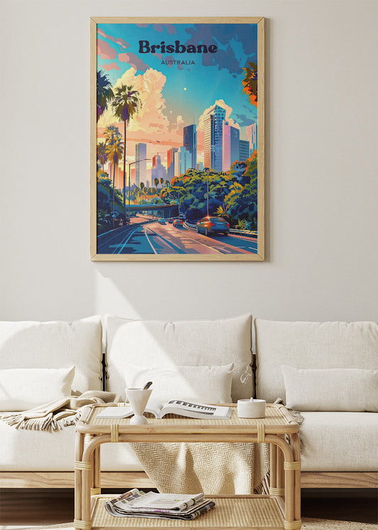 Brisbane Australia Travel Poster & Canvas Wall Art – City Skyline Sunset Print