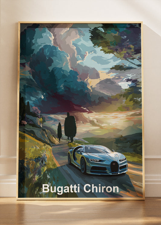 Bugatti Chiron Dusk Drive Art Poster & Canvas Print – Cinematic Luxury Supercar Wall Art