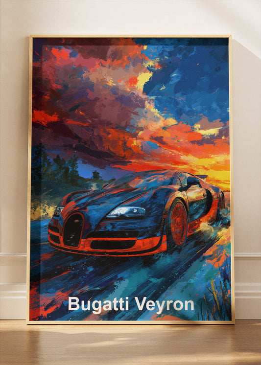 Bugatti Veyron Sunset Rush Art Poster & Canvas Print – Cinematic Hypercar Wall Art