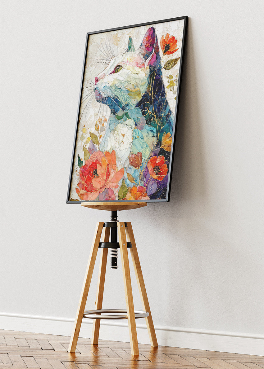 Floral Cat Mosaic Wall Art Poster & Canvas Print – Elegant Botanical Feline Illustration