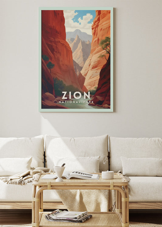 Zion National Park Poster & Canvas Print – Illustrated Utah Canyon Landscape Wall Art