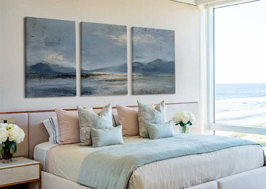 Calm Blue Horizon Mountain Landscape Canvas Wall Art – Single & 3 Panel Canvas – AI PRINT LAB