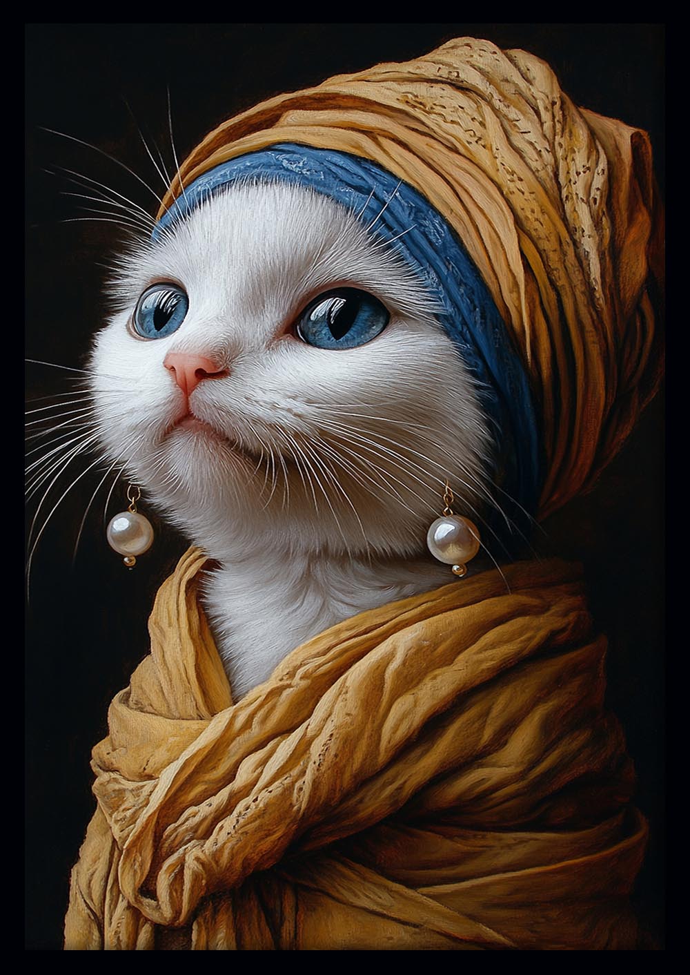 Cat with Pearl Earring – Renaissance Style White Cat Canvas & Poster Wall Art – T1297 – AiPrintLab