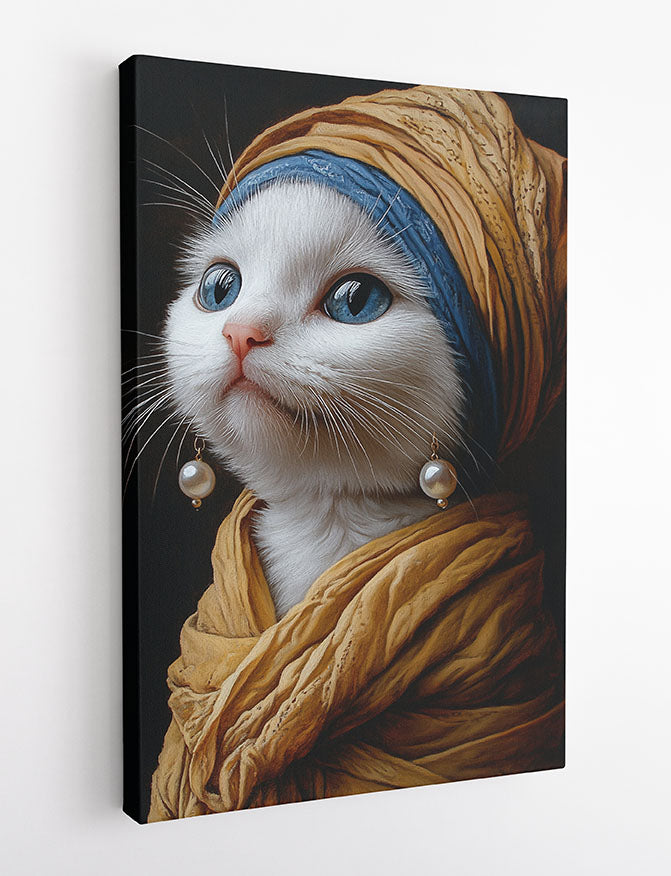 Cat with Pearl Earring – Renaissance Style White Cat Canvas & Poster Wall Art – T1297 – AiPrintLab