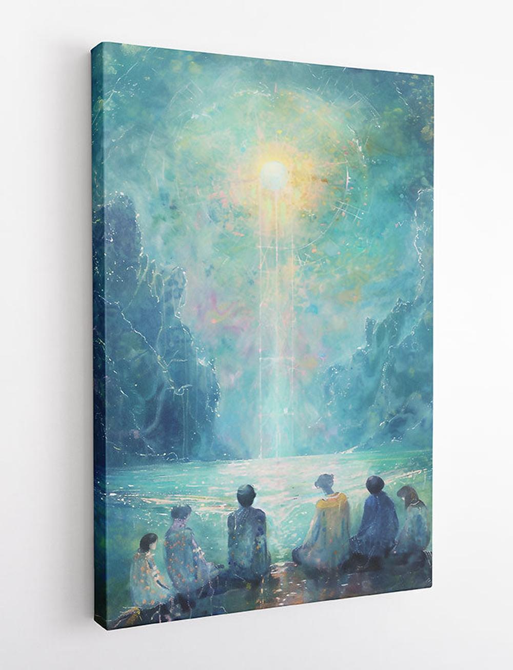 Celestial Gathering – Dreamlike Lake & Light Beam Canvas Wall Art – T872 – AiPrintLab