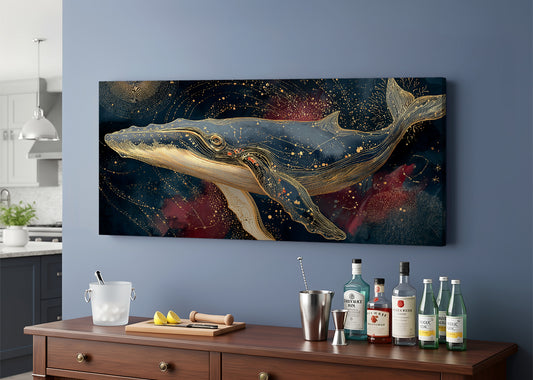 Celestial Golden Whale Canvas Wall Art – Single & 3 Panel Split – AI PRINT LAB