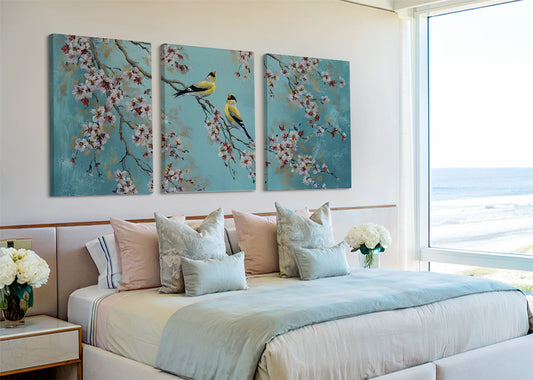 Cherry Blossom Birds Canvas Wall Art – Elegant Spring Nature Painting – Single & 3 Panel Canvas – AI PRINT LAB