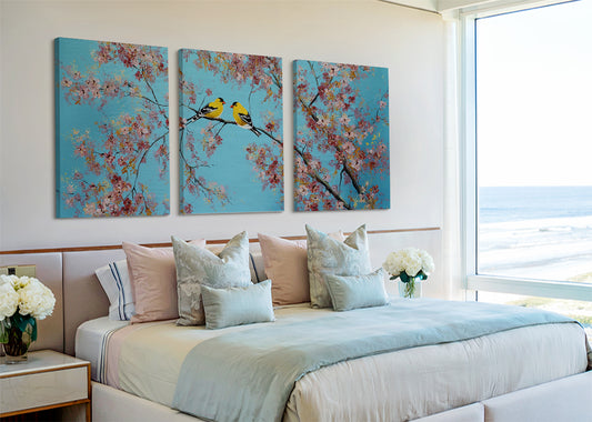 Cherry Blossom Birds Canvas Wall Art – Romantic Spring Nature Painting – Single & 3 Panel Canvas – AI PRINT LAB