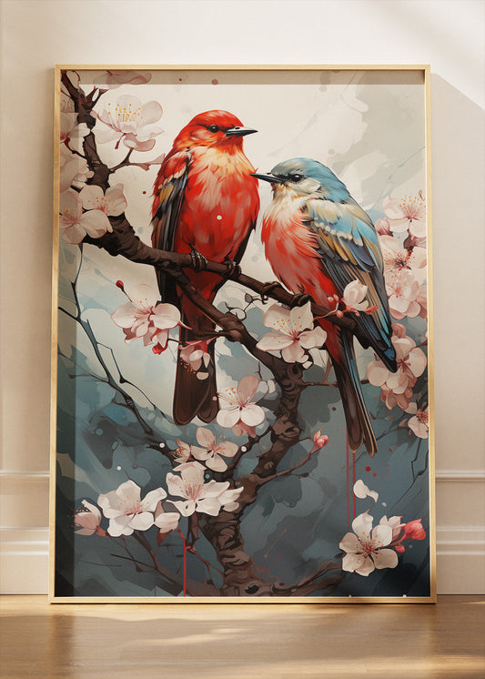 Cherry Blossom Birds Wall Art Print & Canvas – Elegant Floral Nature Artwork