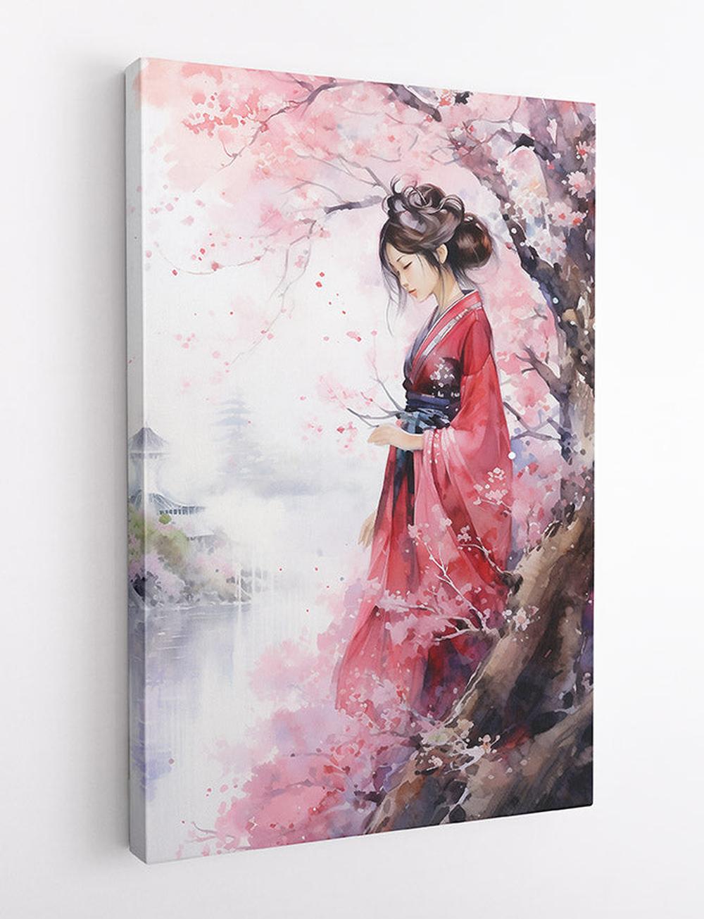 Cherry Blossom Geisha Watercolor Poster & Canvas Print – T553 – AiPrintLab