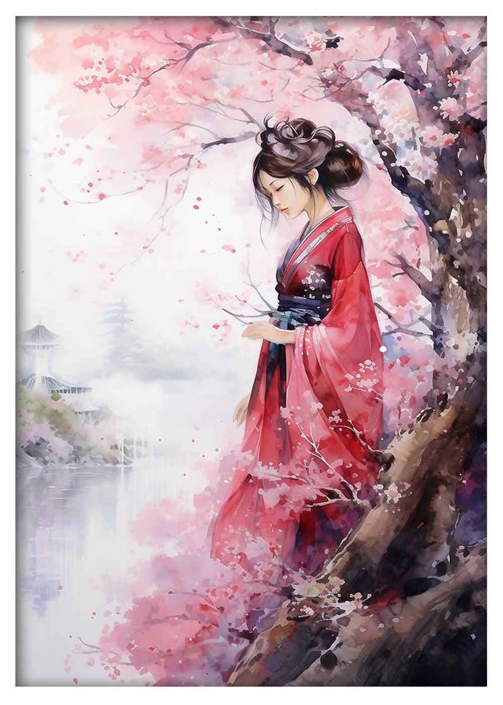 Cherry Blossom Geisha Watercolor Poster & Canvas Print – T553 – AiPrintLab