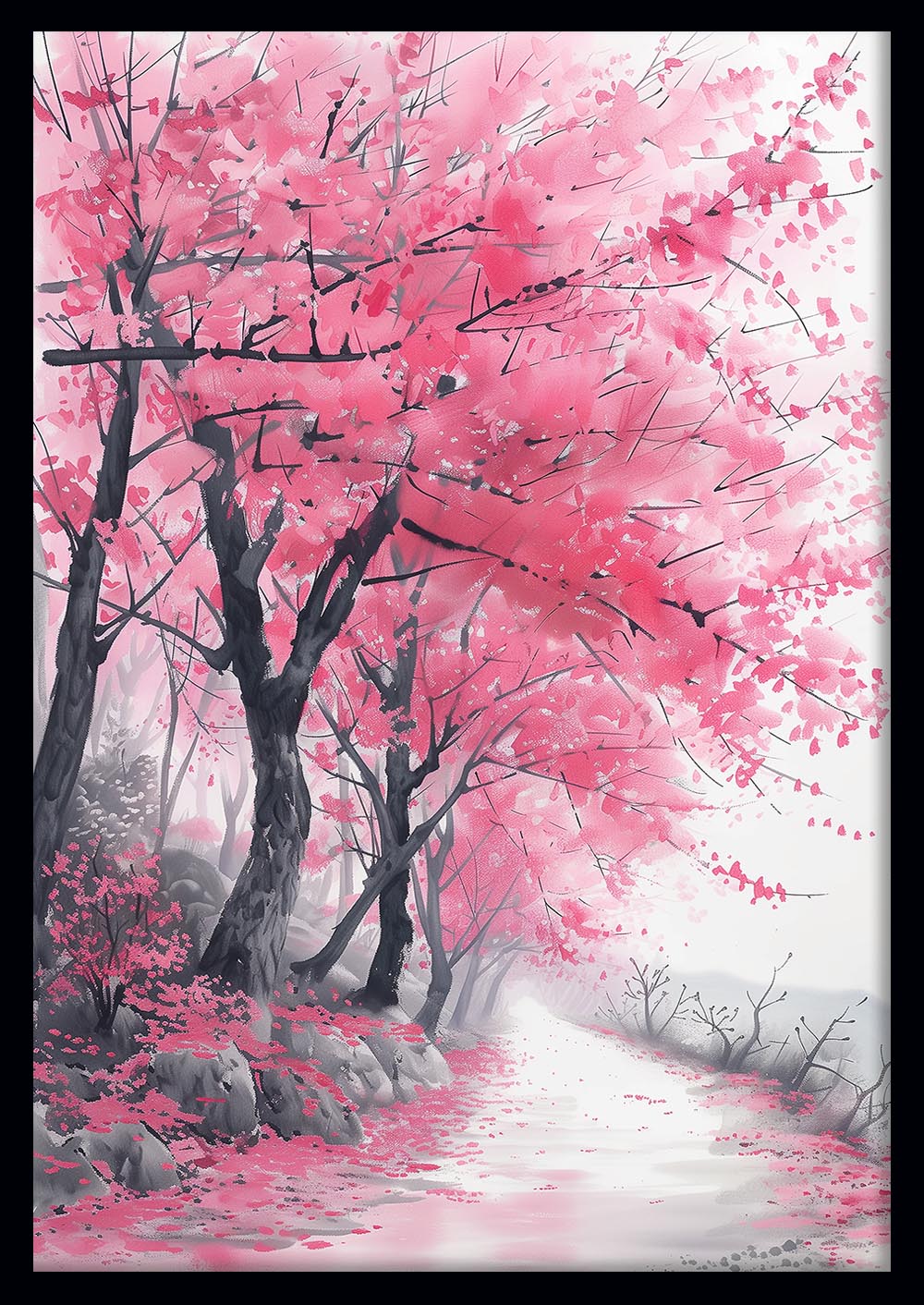 Cherry Blossom Path – Serene Pink Nature Canvas & Poster Wall Art – T1015 – AiPrintLab