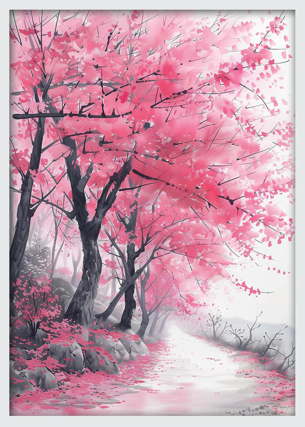 Cherry Blossom Path – Serene Pink Nature Canvas & Poster Wall Art – T1015 – AiPrintLab