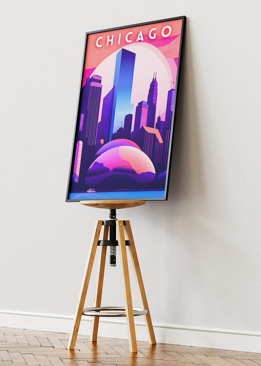 Chicago Illinois Poster & Canvas Print – Neon Skyline Futuristic Illustration