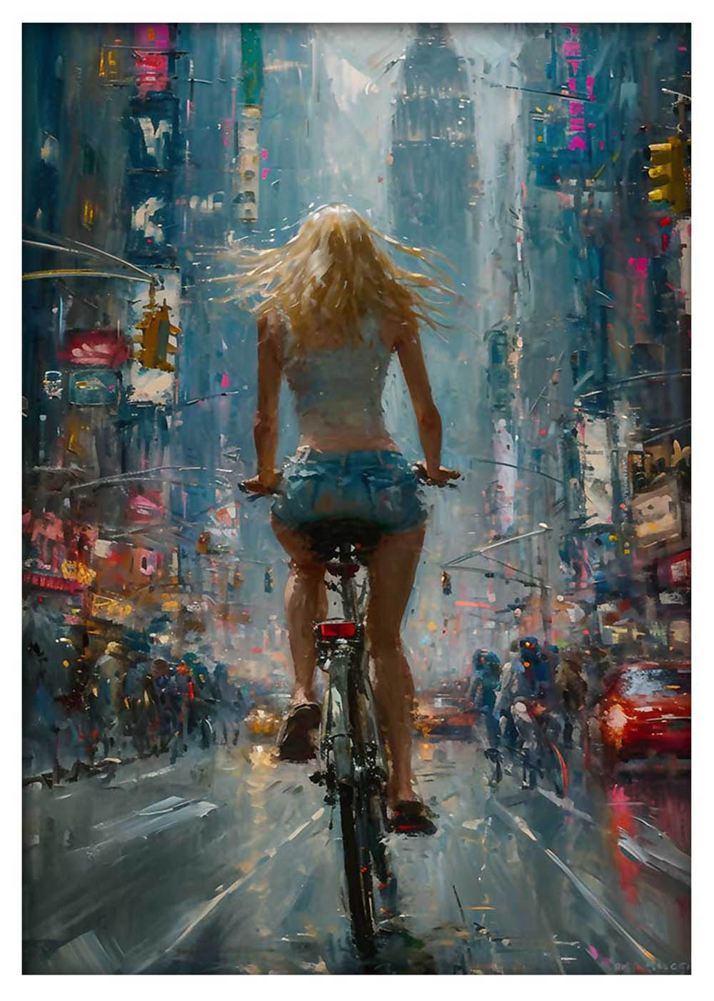 City Ride in the Rain – Urban Cycling Canvas & Poster Wall Art – T900 – AiPrintLab
