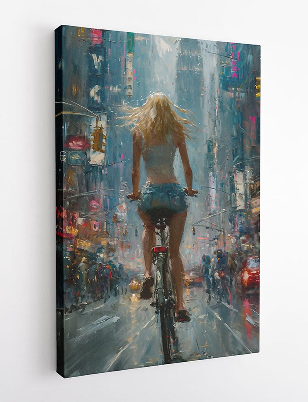 City Ride in the Rain – Urban Cycling Canvas & Poster Wall Art – T900 – AiPrintLab