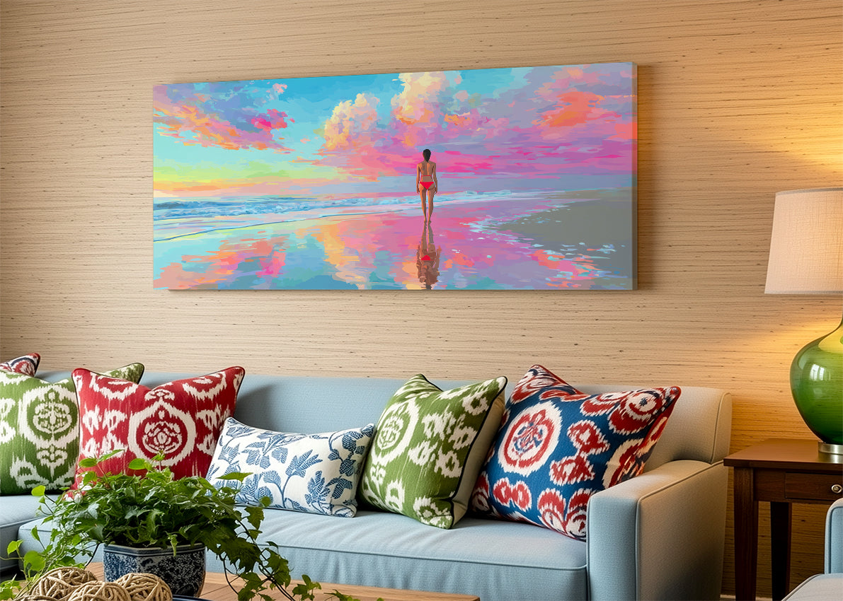 Colorful Beach Reflection Canvas Wall Art – Vibrant Ocean Sunset Canvas – Single & 3 Panel Canvas – AI PRINT LAB