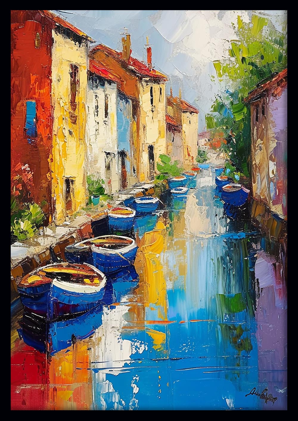 Colorful Canal Village Wall Art – Vibrant Boat Scene Canvas & Poster Print – T1392 –