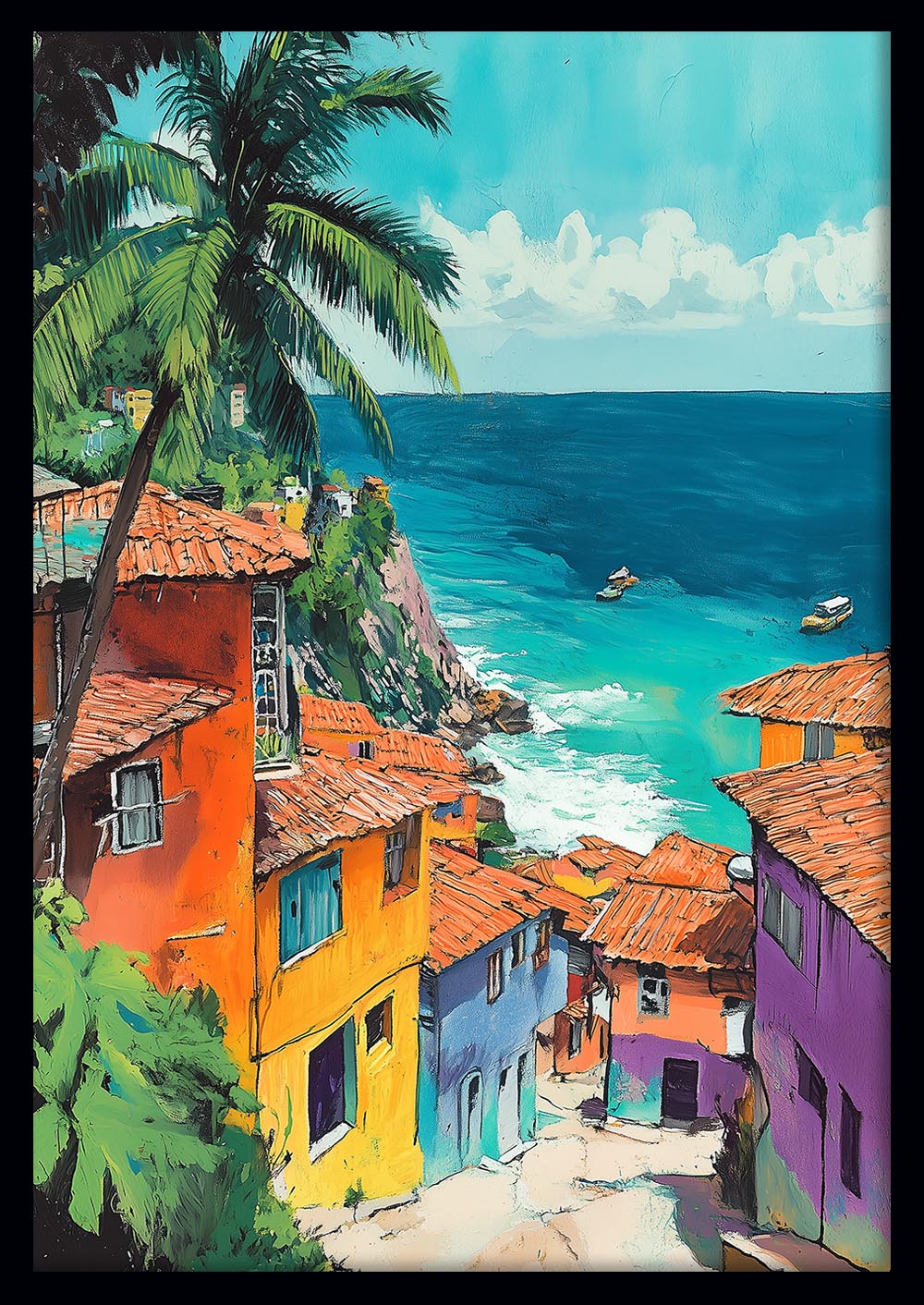 Colorful Coastal Village & Ocean View – Tropical Seaside Canvas & Poster Wall Art – T1301 – AiPrintLab