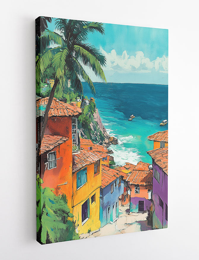 Colorful Coastal Village & Ocean View – Tropical Seaside Canvas & Poster Wall Art – T1301 – AiPrintLab