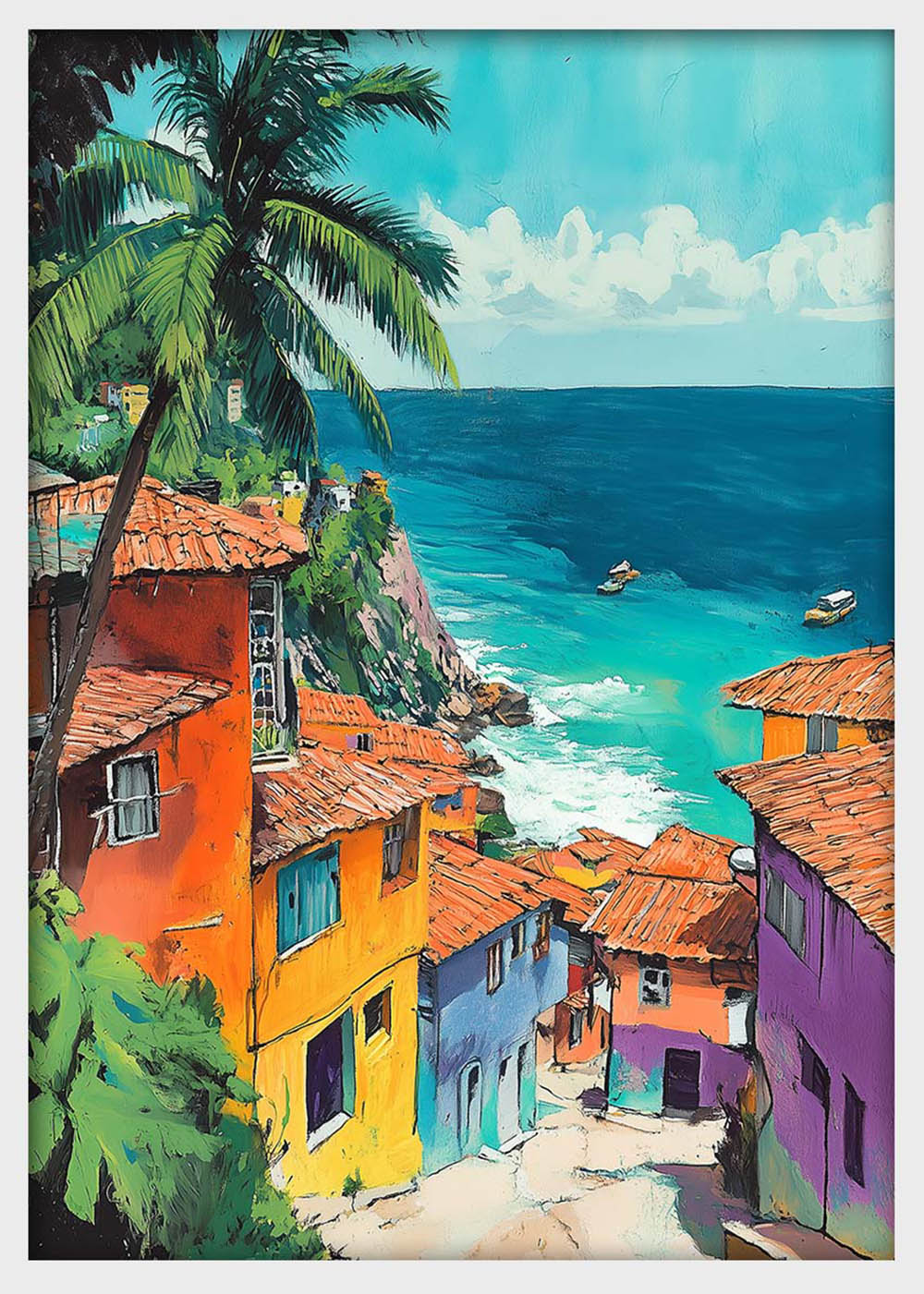 Colorful Coastal Village & Ocean View – Tropical Seaside Canvas & Poster Wall Art – T1301 – AiPrintLab