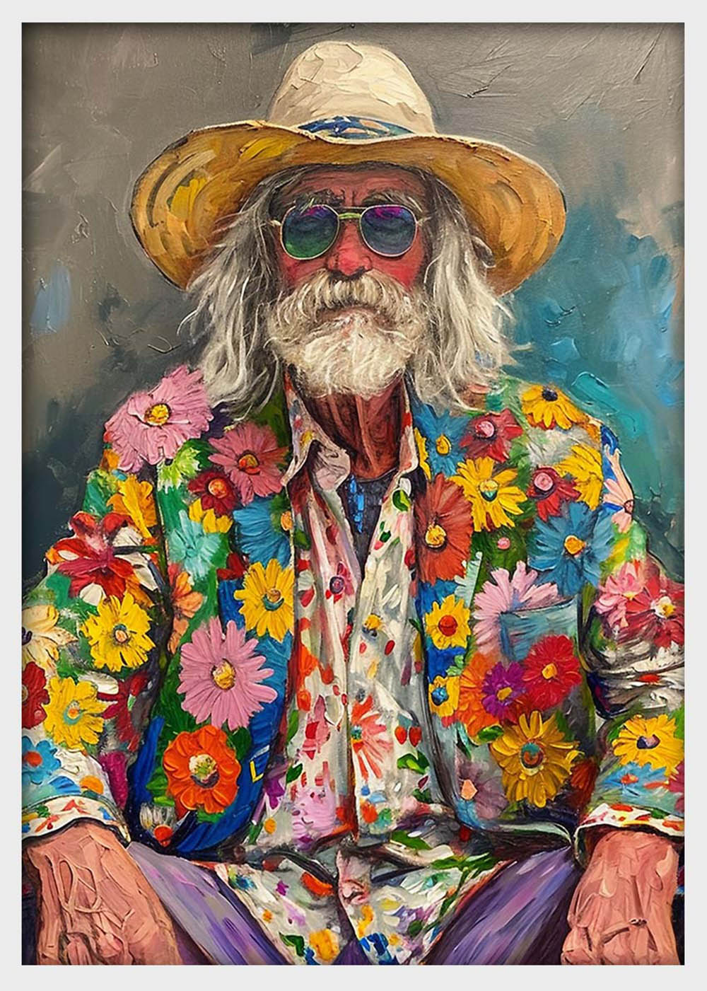 Colorful Flower Jacket Grandpa – Eccentric Portrait Canvas & Poster Wall Art – T1305 – AiPrintLab