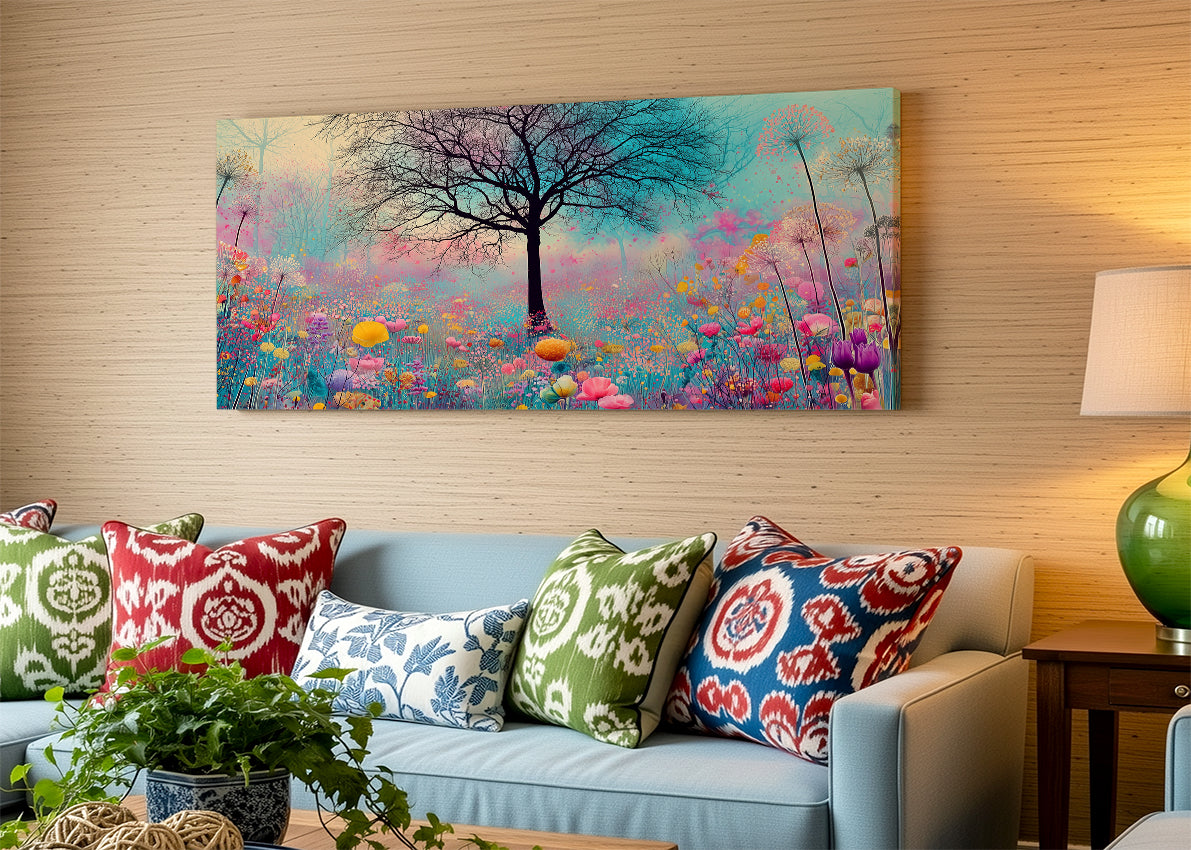 Colorful Flower Meadow Tree Canvas Wall Art – Dreamy Floral Landscape – Single & 3 Panel Canvas – AI PRINT LAB