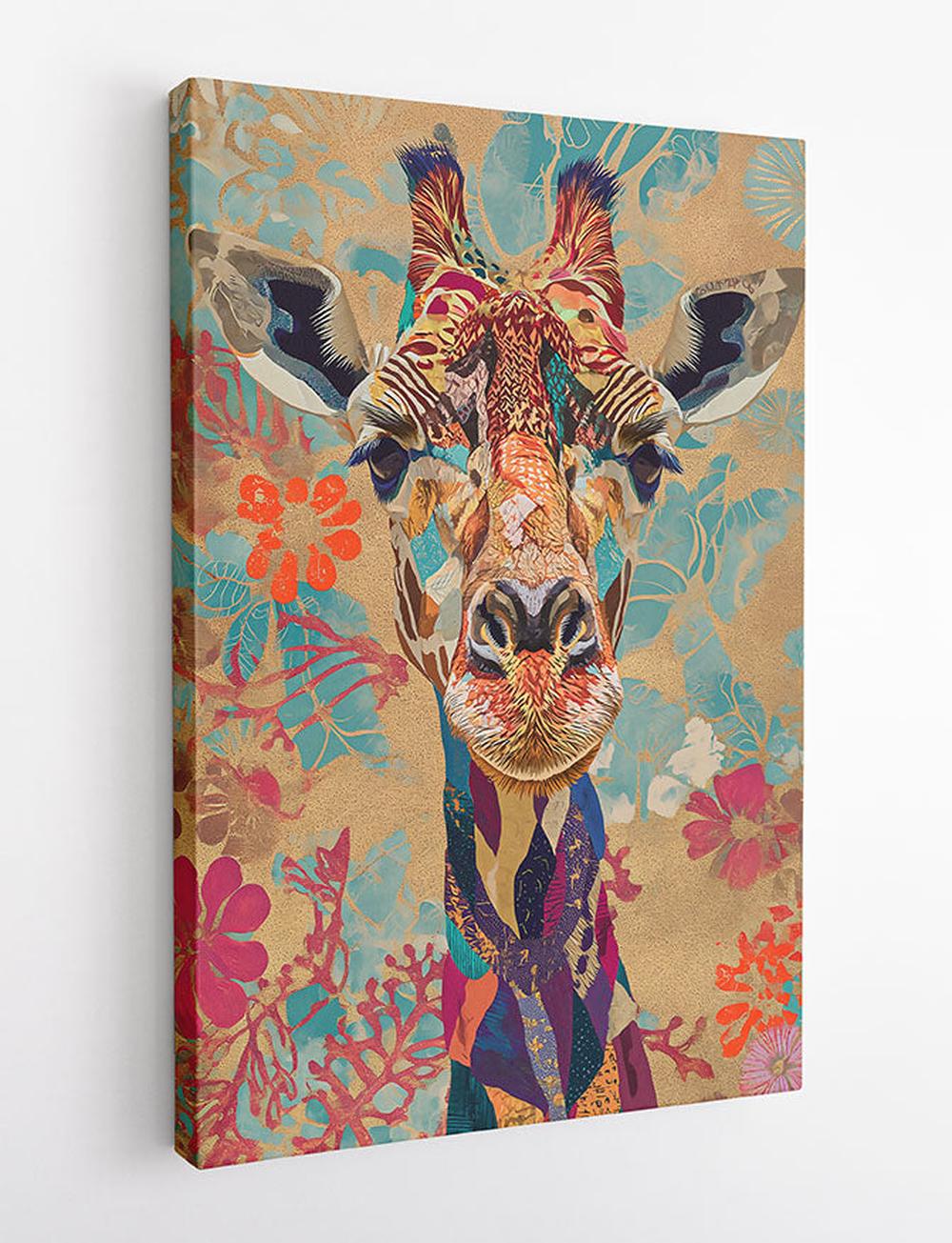 Colorful Giraffe Portrait with Tropical Floral Background – Poster & Canvas Art – T776 – AiPrintLab