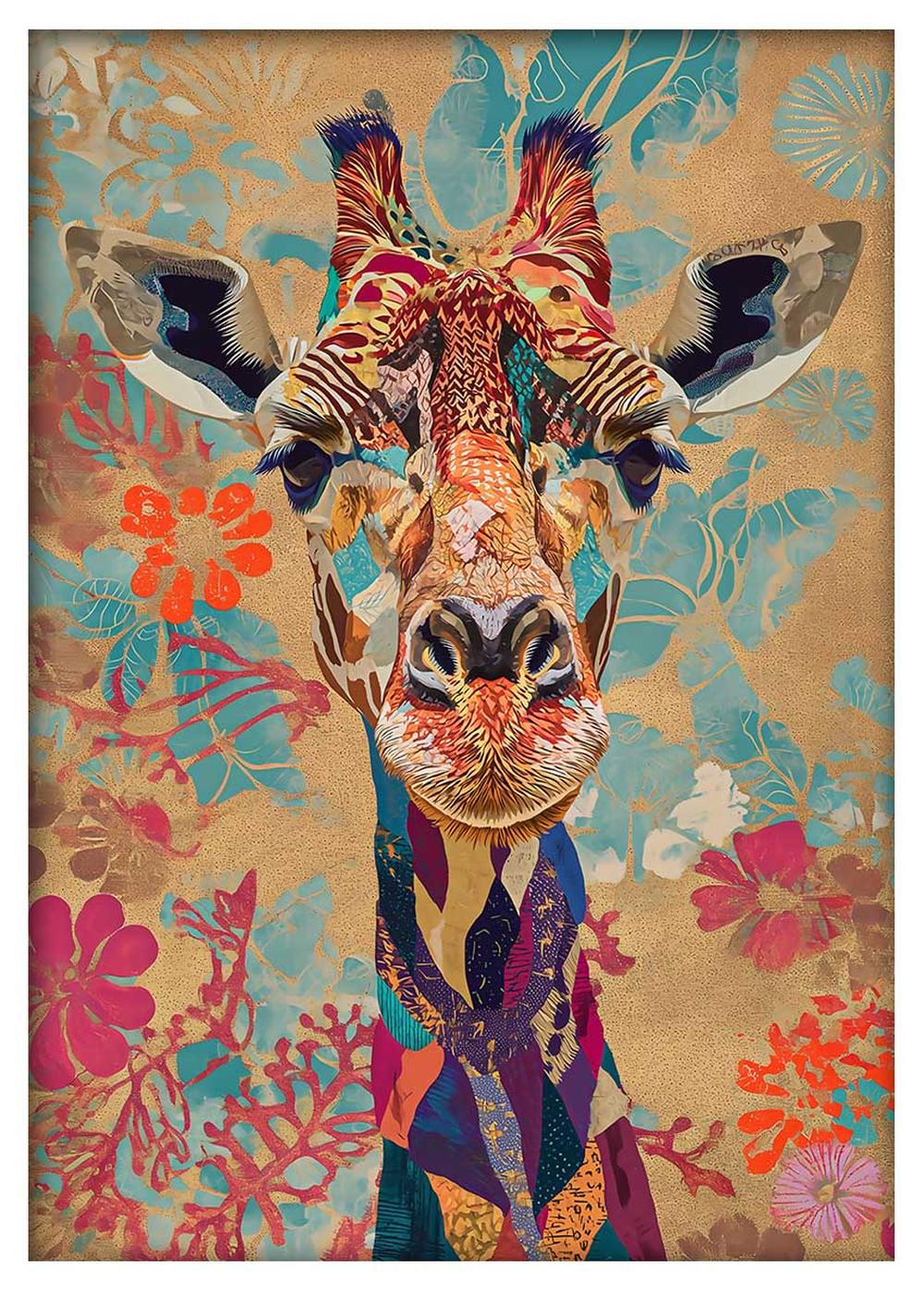 Colorful Giraffe Portrait with Tropical Floral Background – Poster & Canvas Art – T776 – AiPrintLab