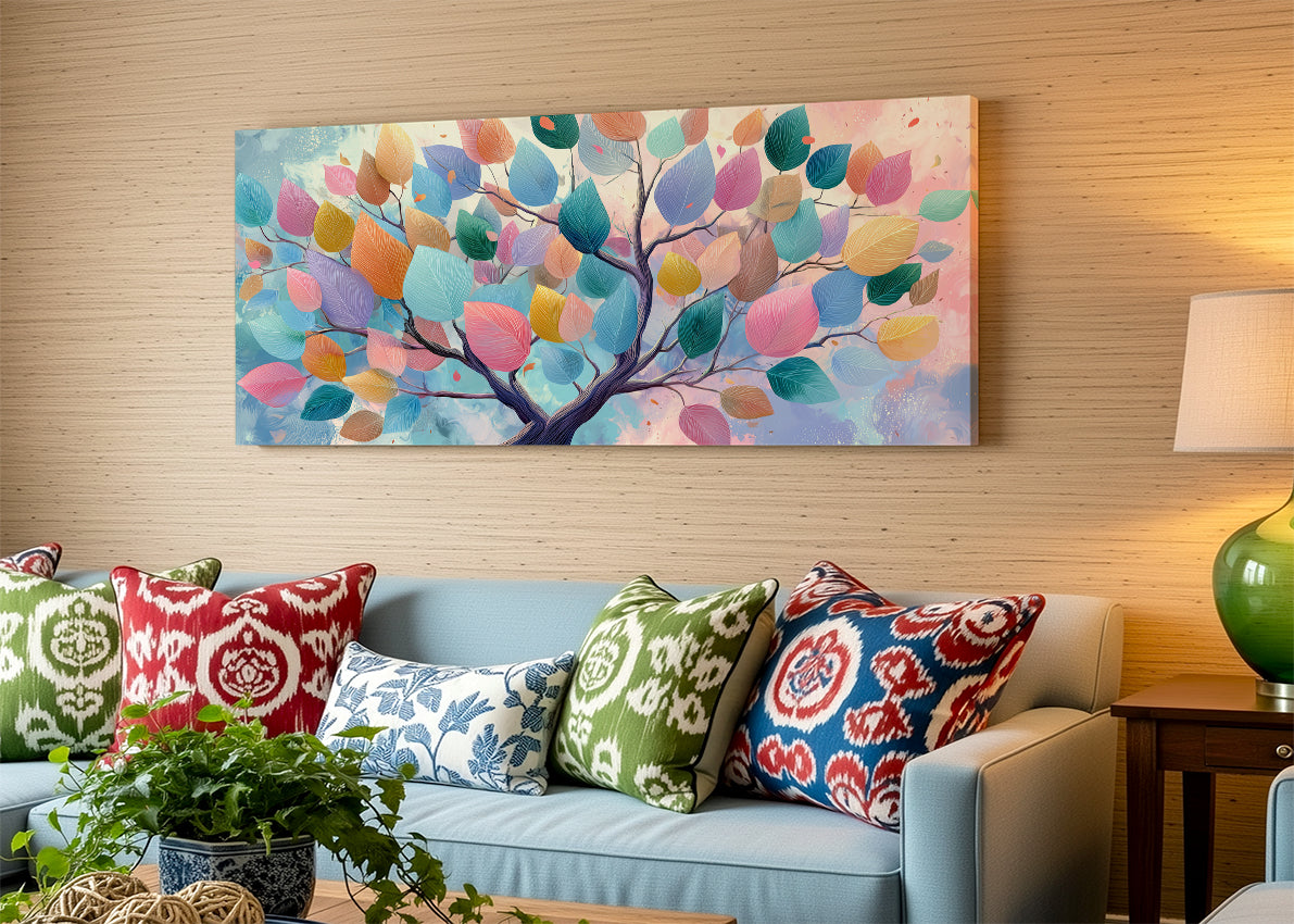 Colorful Leaves Tree Canvas Wall Art – Modern Abstract Nature Landscape – Single & 3 Panel Canvas – AI PRINT LAB
