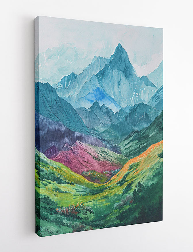 Colorful Mountain Valley Watercolor – Abstract Alpine Landscape Canvas & Poster Print – T1278 – AiPrintLab