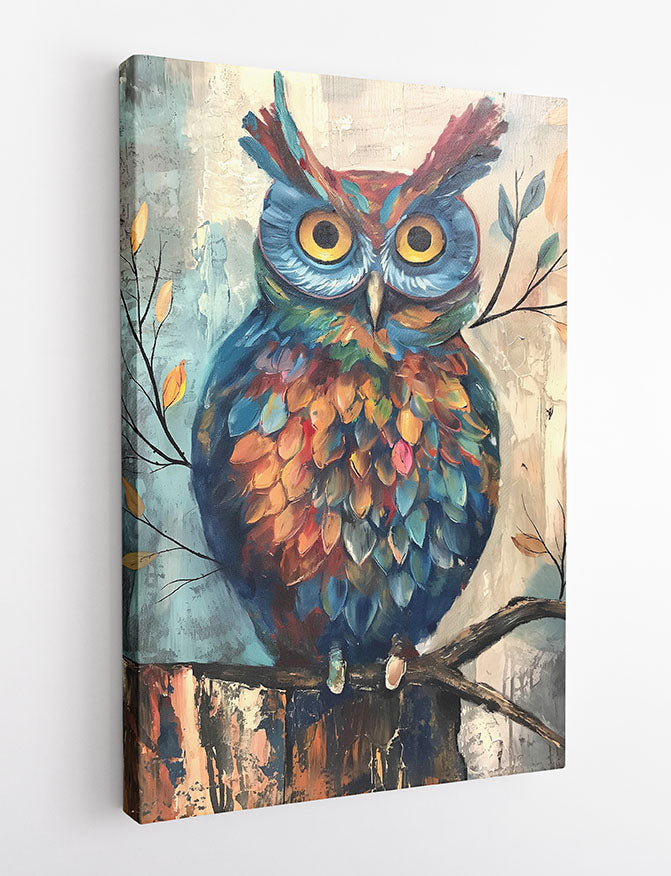 Colorful Owl on Branch – Whimsical Bird Canvas & Poster Wall Art – T1155 – AiPrintLab