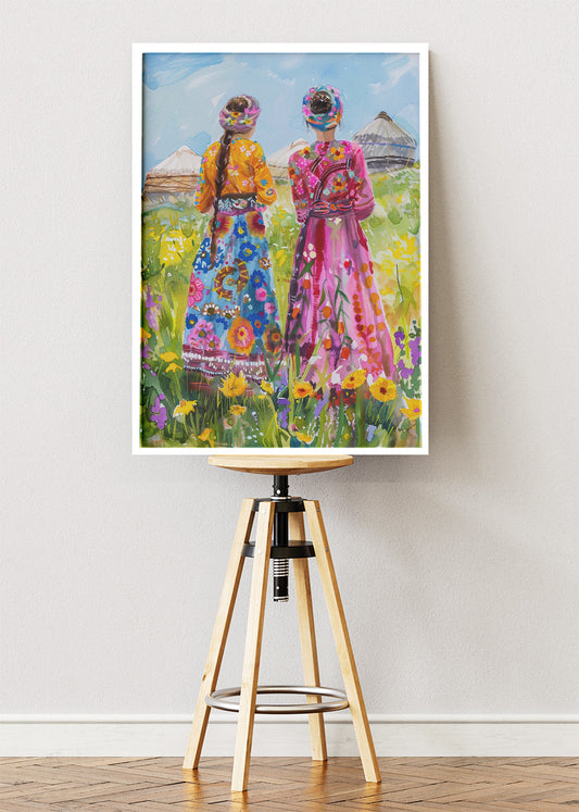 Colorful Traditional Women in Wildflower Field Canvas & Poster Print – AI PRINT LAB