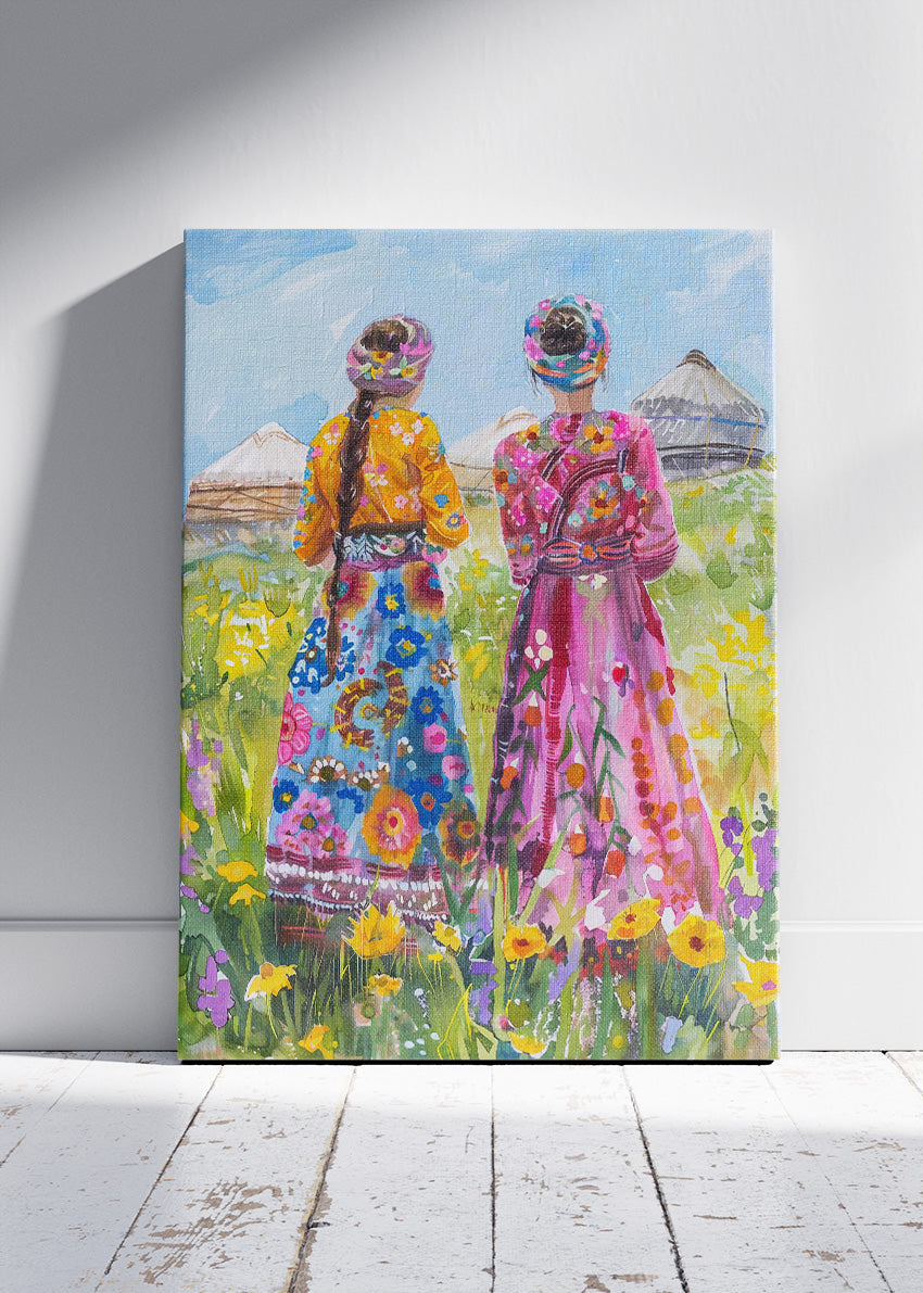 Colorful Traditional Women in Wildflower Field Canvas & Poster Print – AI PRINT LAB