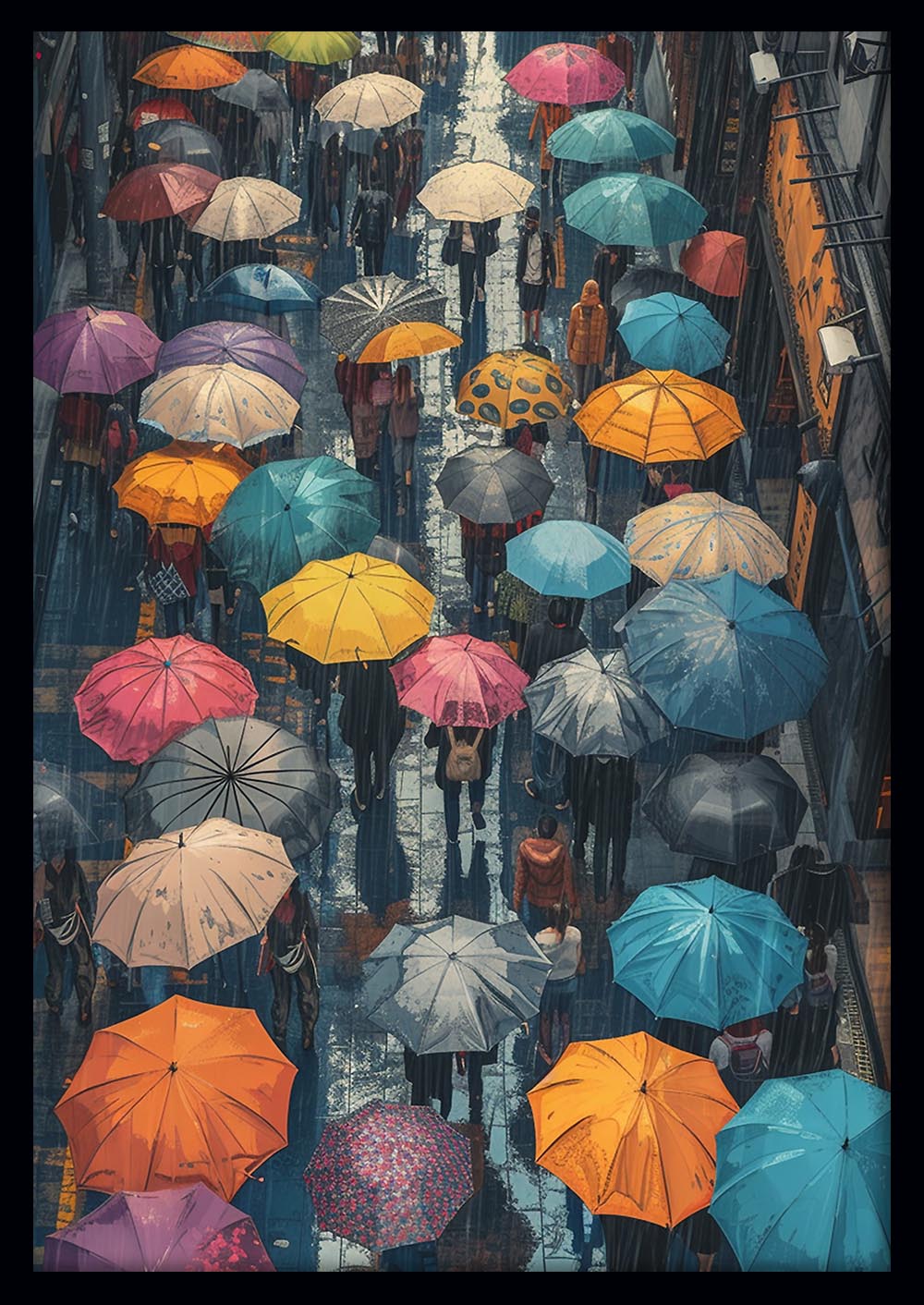 Colorful Umbrellas in the Rain – Urban Street Scene Canvas & Poster Wall Art – T1207 – AiPrintLab
