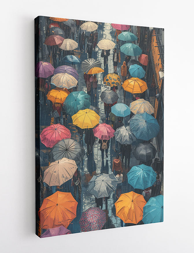 Colorful Umbrellas in the Rain – Urban Street Scene Canvas & Poster Wall Art – T1207 – AiPrintLab
