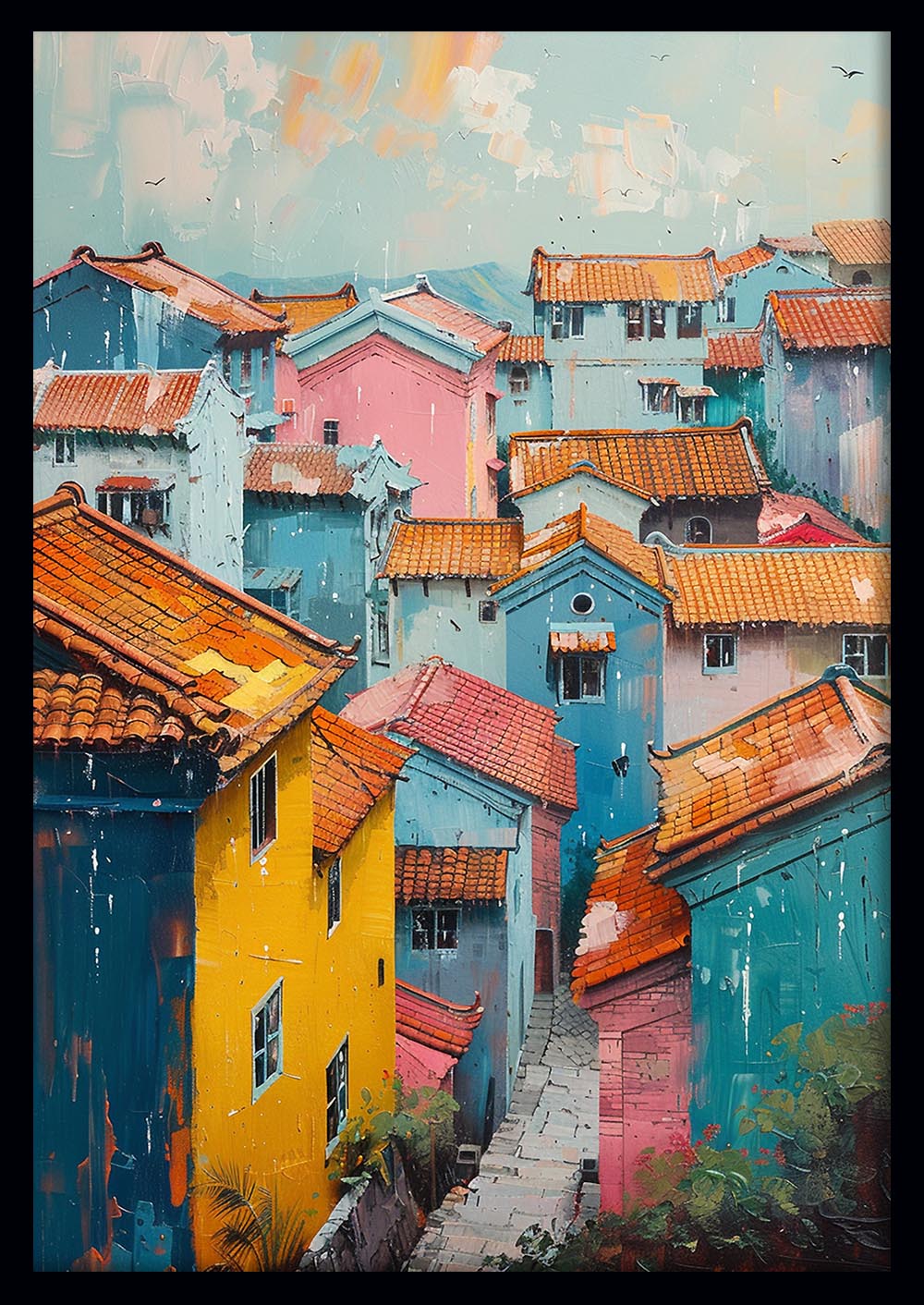 Colorful Village Alley – Mediterranean Rooftop Scene Canvas & Poster Wall Art – T1020 – AiPrintLab