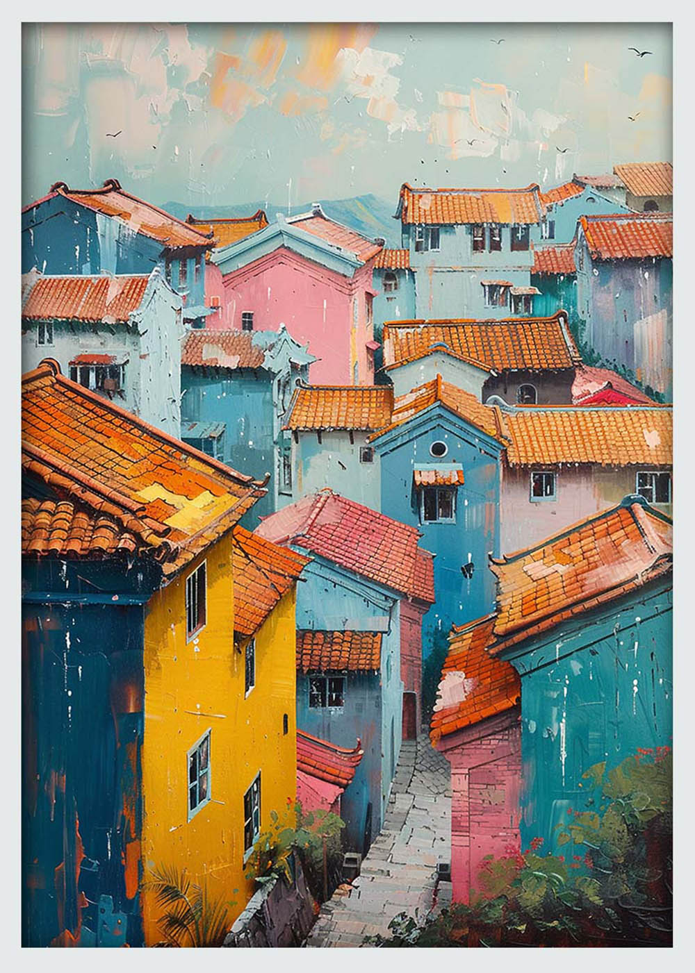 Colorful Village Alley – Mediterranean Rooftop Scene Canvas & Poster Wall Art – T1020 – AiPrintLab